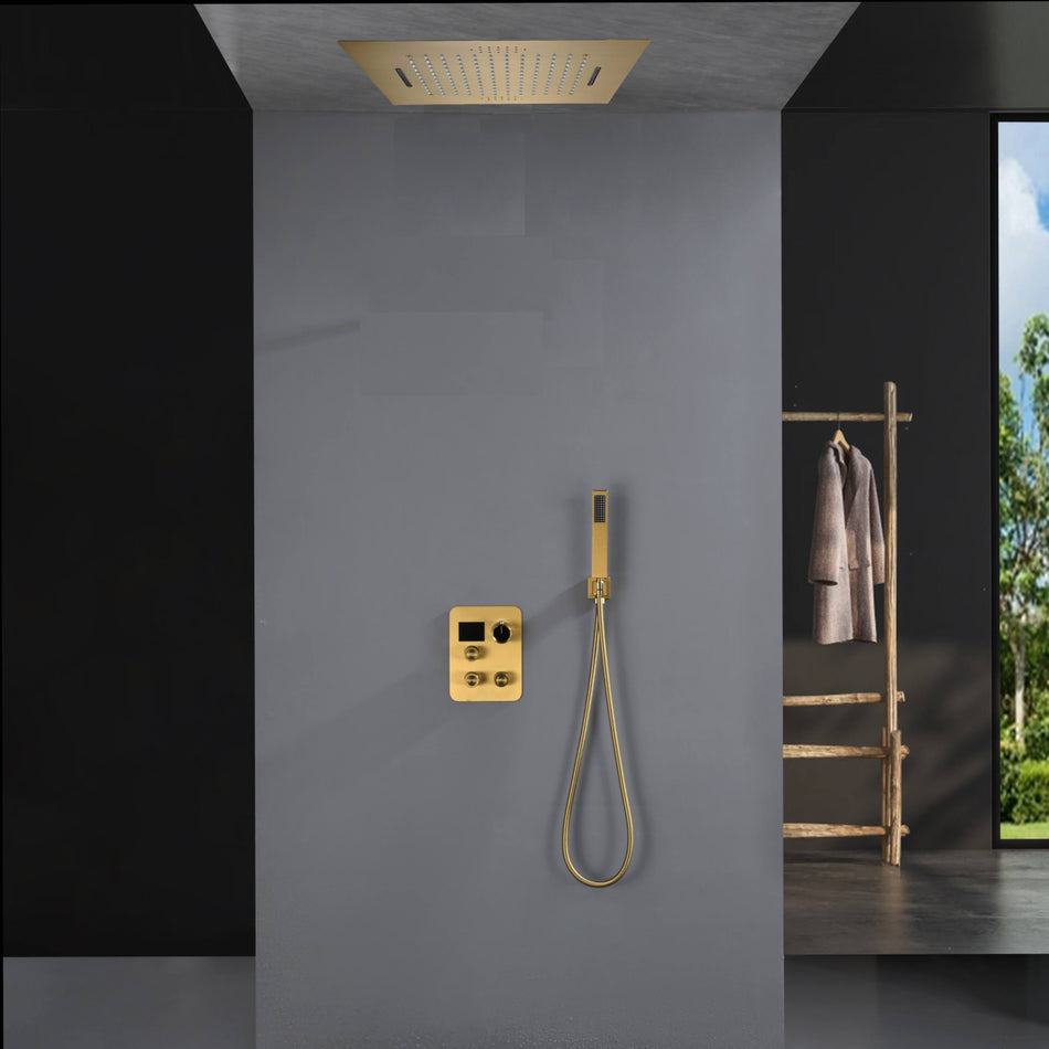 Brushed Gold 20-Inch Flush-Mounted Rainfall & Waterfall Shower System with Digital Display Thermostatic Faucet, 64-Color LED, Music, and 3-Way Functionality - All Functions Operable Simultaneously or Separately