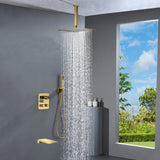 Brushed Gold Ceiling Mount 3-Way Thermostatic Shower Valve System with Waterfall Tub Spout - Simultaneous or Separate Functionality