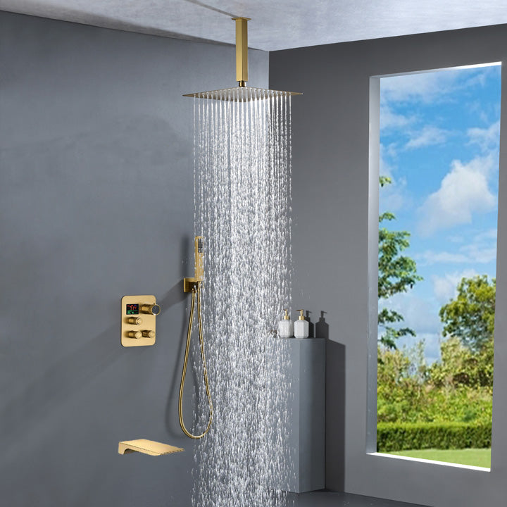 Brushed Gold Ceiling Mount 3-Way Thermostatic Shower Valve System with Waterfall Tub Spout - Simultaneous or Separate Functionality