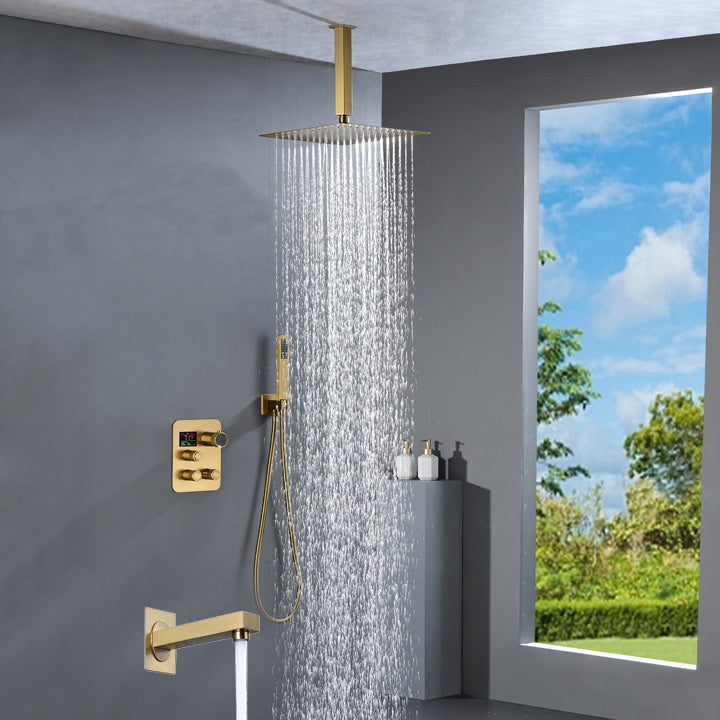 Brushed Gold Ceiling Mount 3-Way Thermostatic Shower Valve System with Waterfall Tub Spout - Simultaneous or Separate Functionality