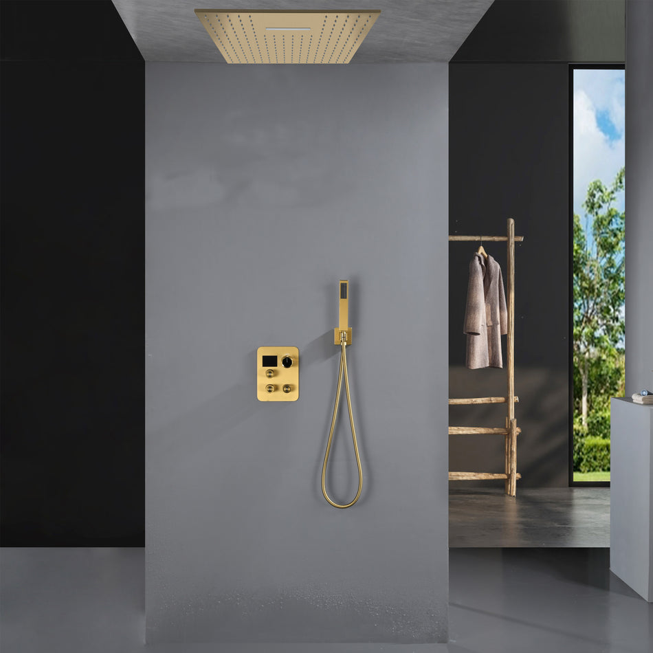 20'' or 24'' Rainfall Waterfall Brushed Gold Ceiling-Mounted 3-Way Thermostatic Shower System, 4 valve Opitions