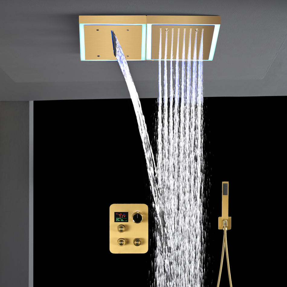 Flush Mount 16 x 16 inch or 32 x 8 inch rainfall waterfall 64 LED light Shower Head 3 way Digital Display Shower Faucet