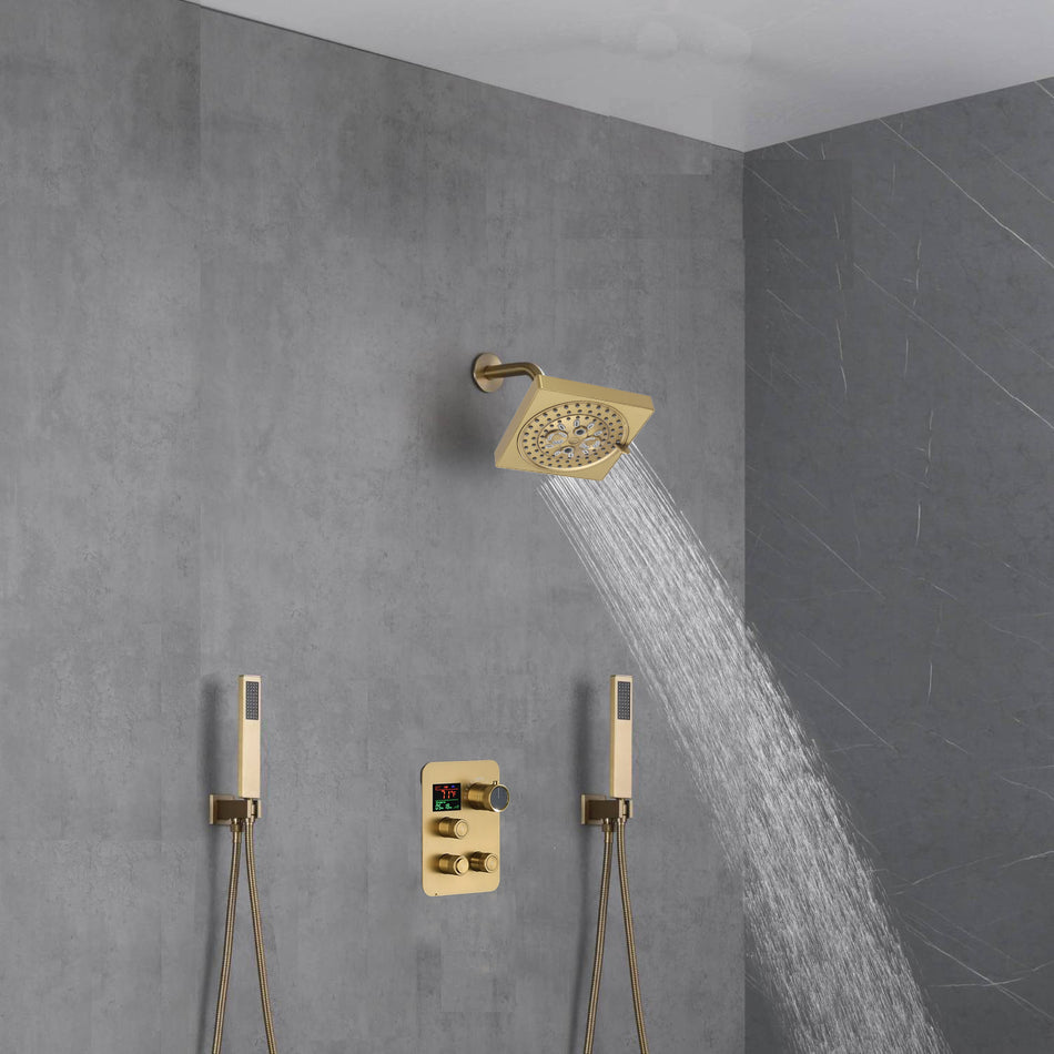 Brushed Gold Wall-Mounted Shower Faucet with 3-Way Digital Display, Optional 6'' Regular Head or 12'' Rain Head