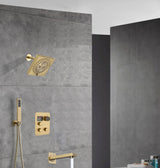 wall  mount regular head  Brushed gold 3 way Thermostatic Shower valve system with tub spout that each function run all together and separately