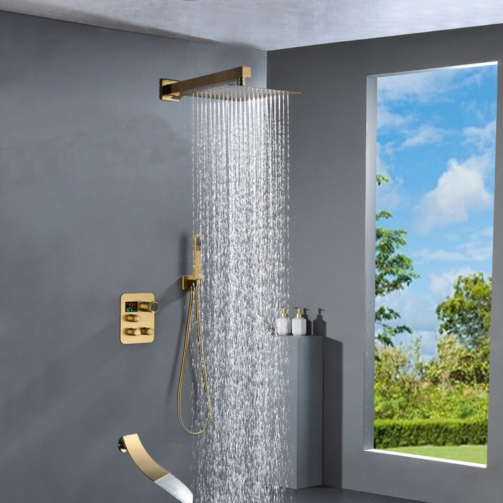 Brushed gold 3 way Thermostatic Shower valve system with tub spout that each function run all together and separately