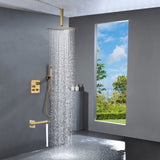 Brushed Gold Ceiling Mount 3-Way Thermostatic Shower Valve System with Waterfall Tub Spout - Simultaneous or Separate Functionality