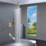 Brushed Gold Ceiling Mount 3-Way Thermostatic Shower Valve System with Waterfall Tub Spout - Simultaneous or Separate Functionality
