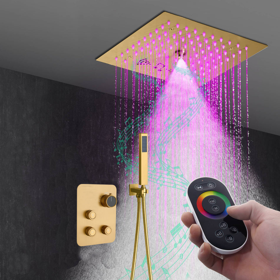 Flushed mount 12 inch 64 LED colors light Brushed gold Bluetooth Music 3 ways Shower Faucet