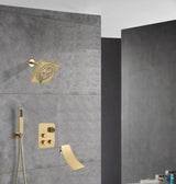 wall  mount regular head  Brushed gold 3 way Thermostatic Shower valve system with tub spout that each function run all together and separately