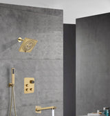 wall  mount regular head  Brushed gold 3 way Thermostatic Shower valve system with tub spout that each function run all together and separately
