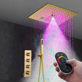 Flushed mount 12 inch 64 LED colors light Brushed gold Bluetooth Music 3 ways Shower Faucet