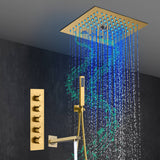 Brushed Gold 4-Way Thermostatic Shower Faucet: Flush Mount with Waterfall Tub Spout, 12-Inch LED Light Shower Head with 64 Colors and Bluetooth Music