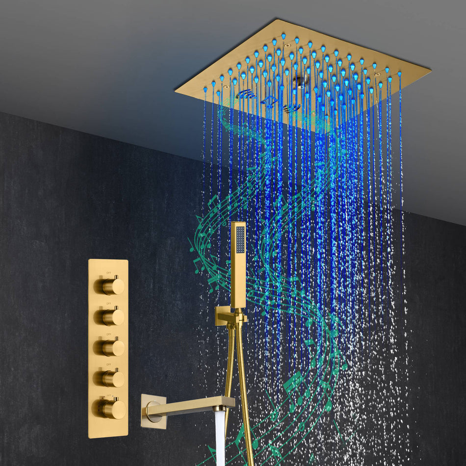 Brushed Gold 4-Way Thermostatic Shower Faucet: Flush Mount with Waterfall Tub Spout, 12-Inch LED Light Shower Head with 64 Colors and Bluetooth Music