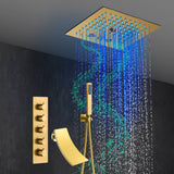 Brushed Gold 4-Way Thermostatic Shower Faucet: Flush Mount with Waterfall Tub Spout, 12-Inch LED Light Shower Head with 64 Colors and Bluetooth Music