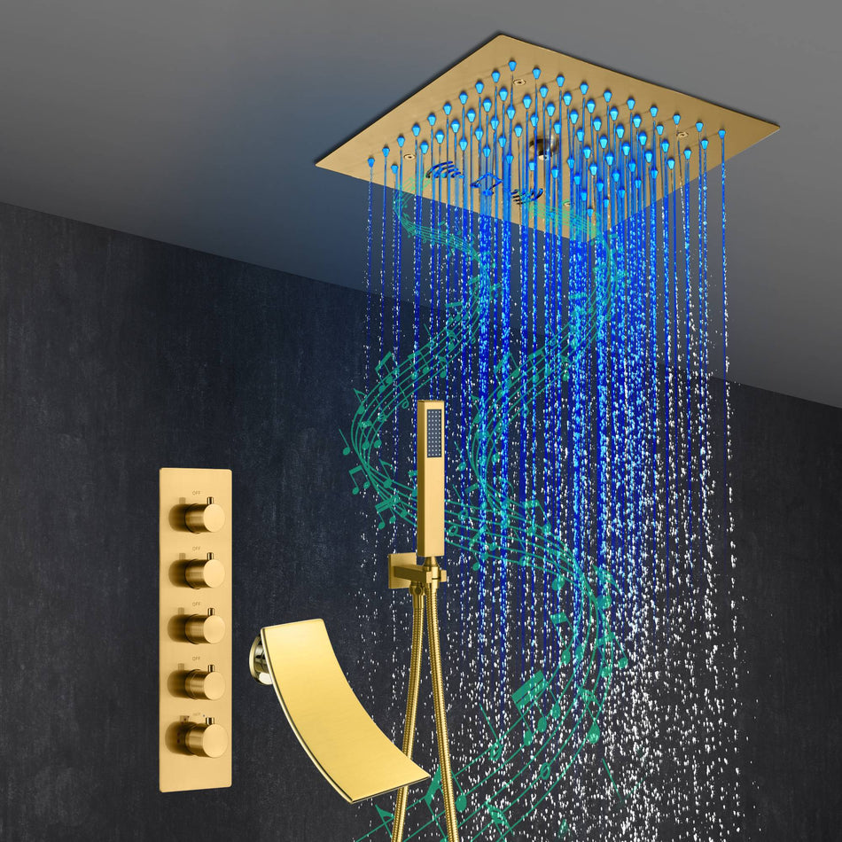 Brushed Gold 4-Way Thermostatic Shower Faucet: Flush Mount with Waterfall Tub Spout, 12-Inch LED Light Shower Head with 64 Colors and Bluetooth Music