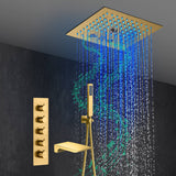 Brushed Gold 4-Way Thermostatic Shower Faucet: Flush Mount with Waterfall Tub Spout, 12-Inch LED Light Shower Head with 64 Colors and Bluetooth Music