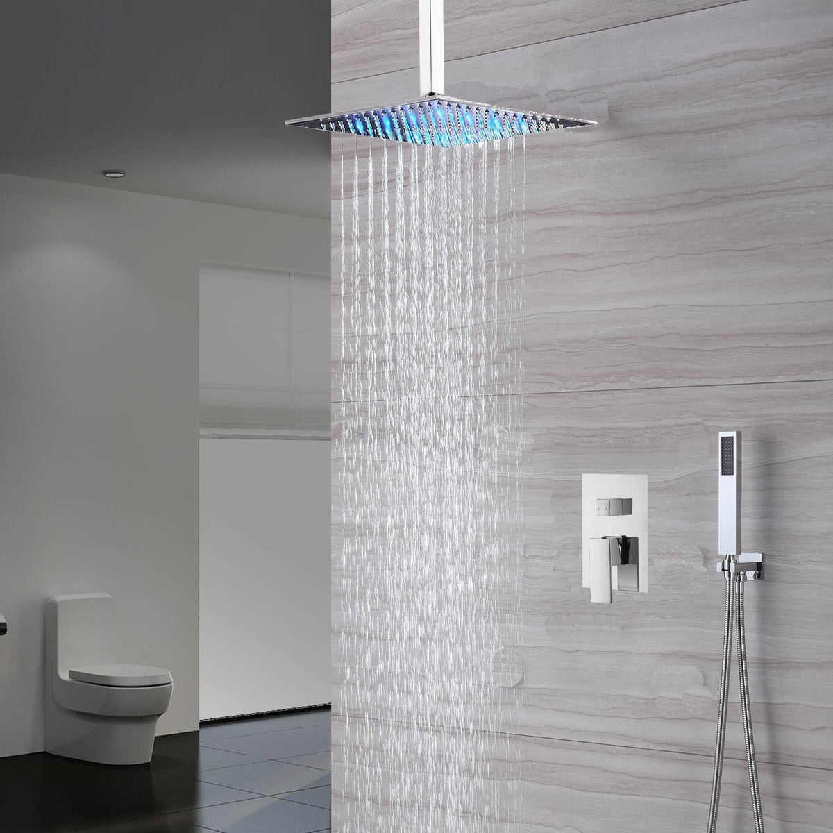 chrome ceiling mount LED rainfall shower head  two way shower faucet with handle sprayer - wonderland shower inc