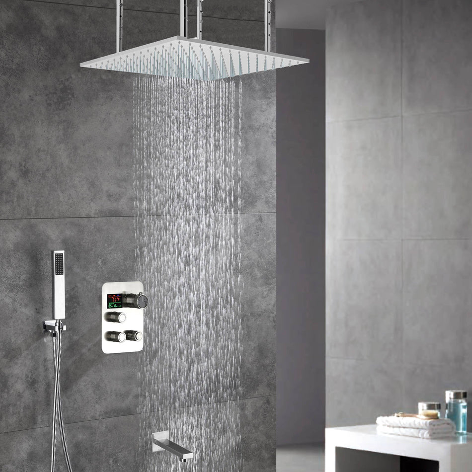 20-Inch or 24-Inch Chrome Rainfall Shower Faucets with Tub Spout - 3-Way Functionality and 3-Color LED Lights