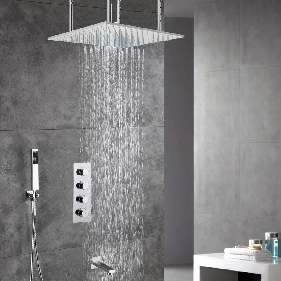 20-Inch or 24-Inch Chrome Rainfall Shower Faucets with Tub Spout - 3-Way Functionality and 3-Color LED Lights