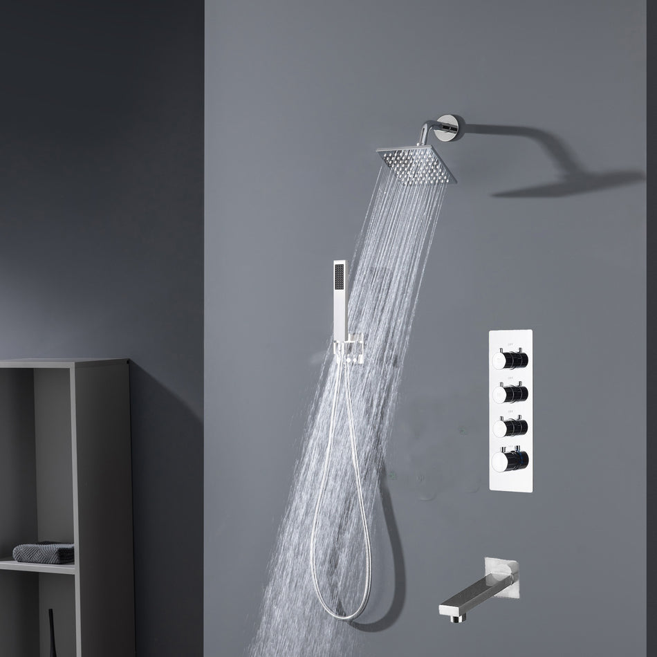 Chrome High Water Pressure 6''  Regular head Wall Mounted 3-Way thermostatic Shower Faucet System With tub Spout