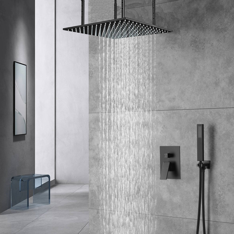 Matte Black Ceiling Mounted Rainfall Shower Faucet: 20'' or 24'' with LED Option, Dual Function