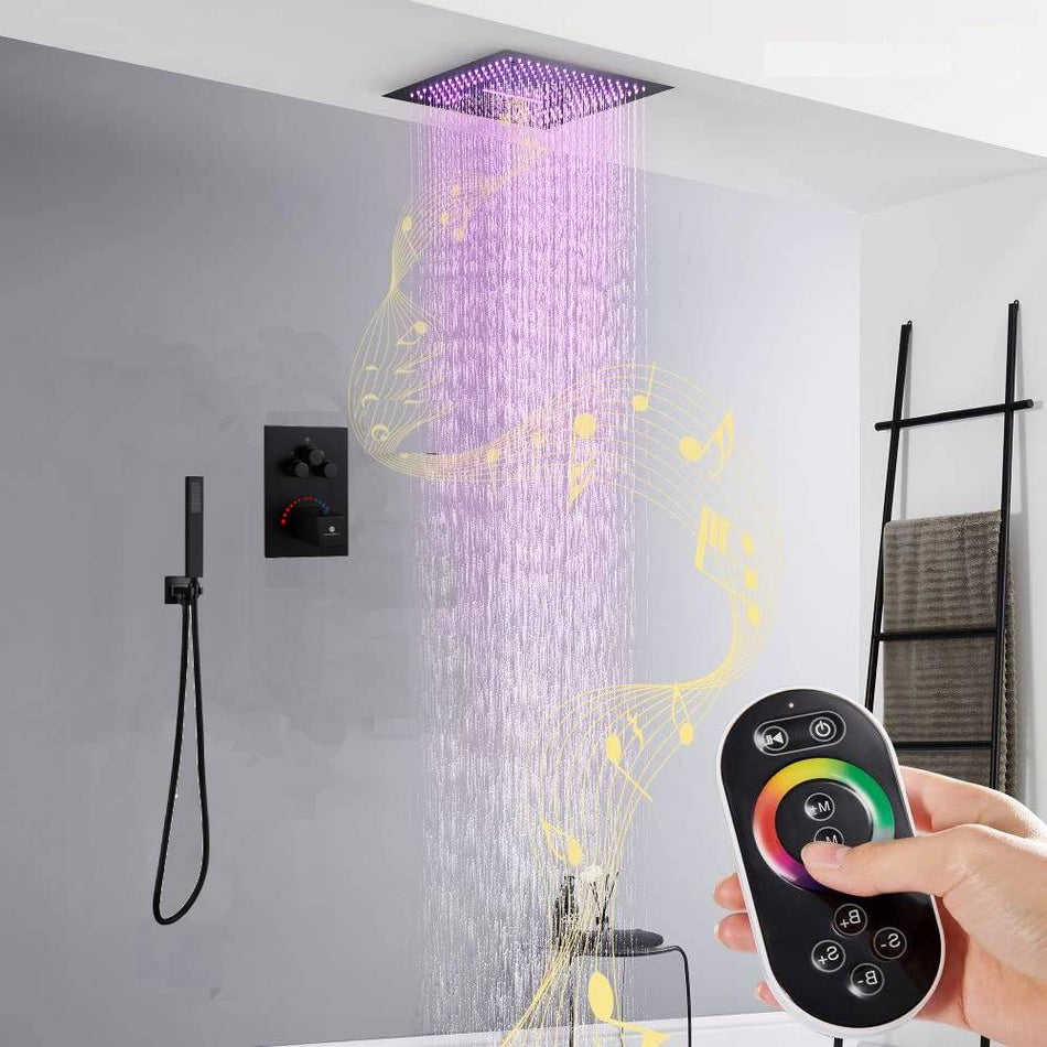 16-Inch Matte Black Flush-Mounted 3-Way Digital Thermostatic Shower Faucet with 64-LED Colors and Bluetooth Music Capabilities - wonderland shower inc