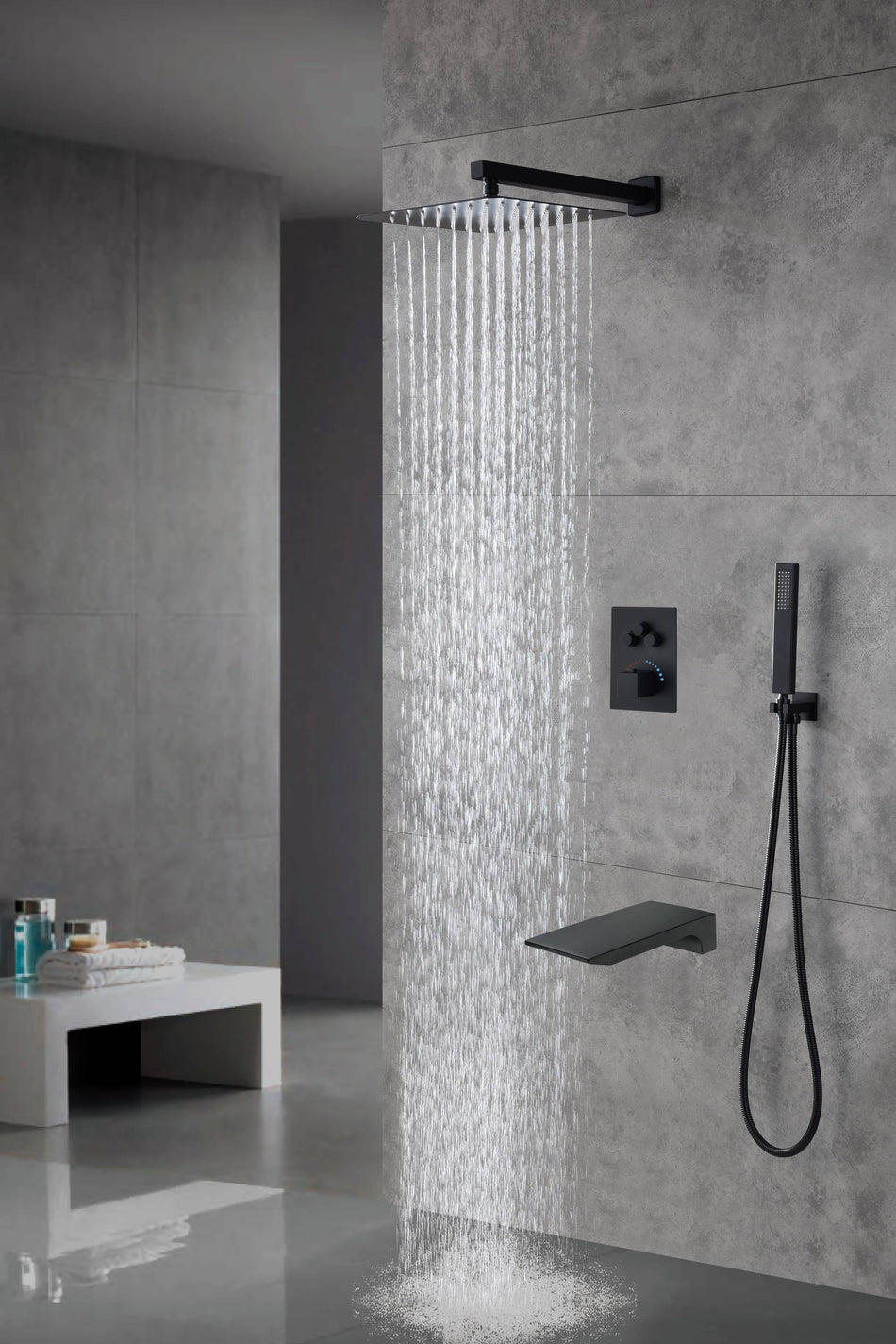 Matte Black Wall-Mounted 12" or 16" Rain Shower Head with 3-Way Thermostatic Faucet