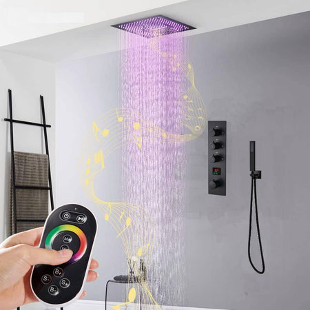 16-Inch Matte Black Flush-Mounted 3-Way Digital Thermostatic Shower Faucet with 64-LED Colors and Bluetooth Music Capabilities - wonderland shower inc