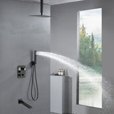 Ceiling Mount Matte Black 3-Way Thermostatic Shower Faucet Set - Choose from 12 inch or 16 inch Rain Shower Head with Tub Spout