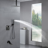 Ceiling Mount Matte Black 3-Way Thermostatic Shower Faucet Set - Choose from 12 inch or 16 inch Rain Shower Head with Tub Spout