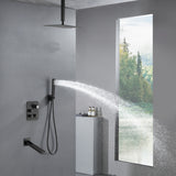 Ceiling Mount Matte Black 3-Way Thermostatic Shower Faucet Set - Choose from 12 inch or 16 inch Rain Shower Head with Tub Spout