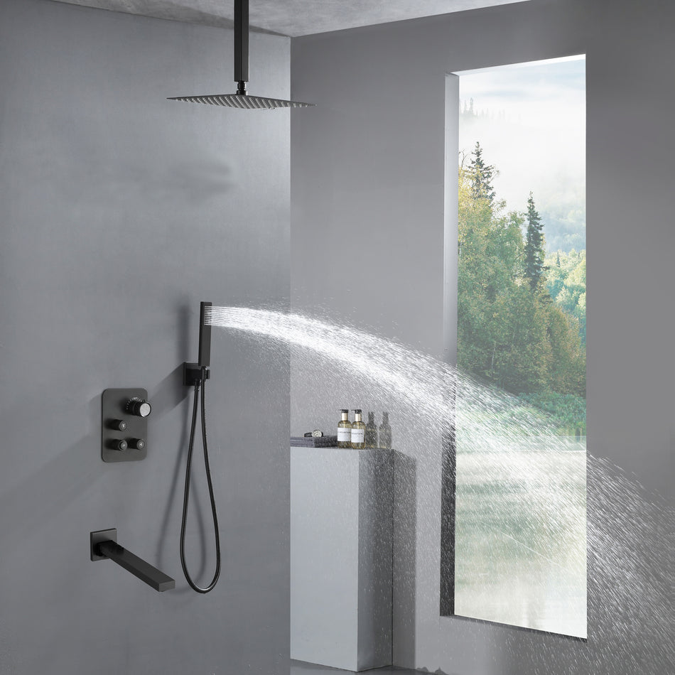 Ceiling Mount Matte Black 3-Way Thermostatic Shower Faucet Set - Choose from 12 inch or 16 inch Rain Shower Head with Tub Spout