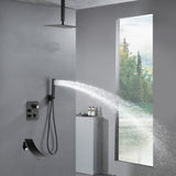 Ceiling Mount Matte Black 3-Way Thermostatic Shower Faucet Set - Choose from 12 inch or 16 inch Rain Shower Head with Tub Spout