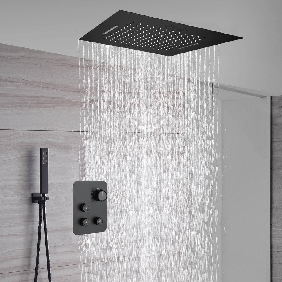 waterfall rainfall 20'' or 24 '' Flushed on ceiling matte Black 3 way thermostatic shower faucets