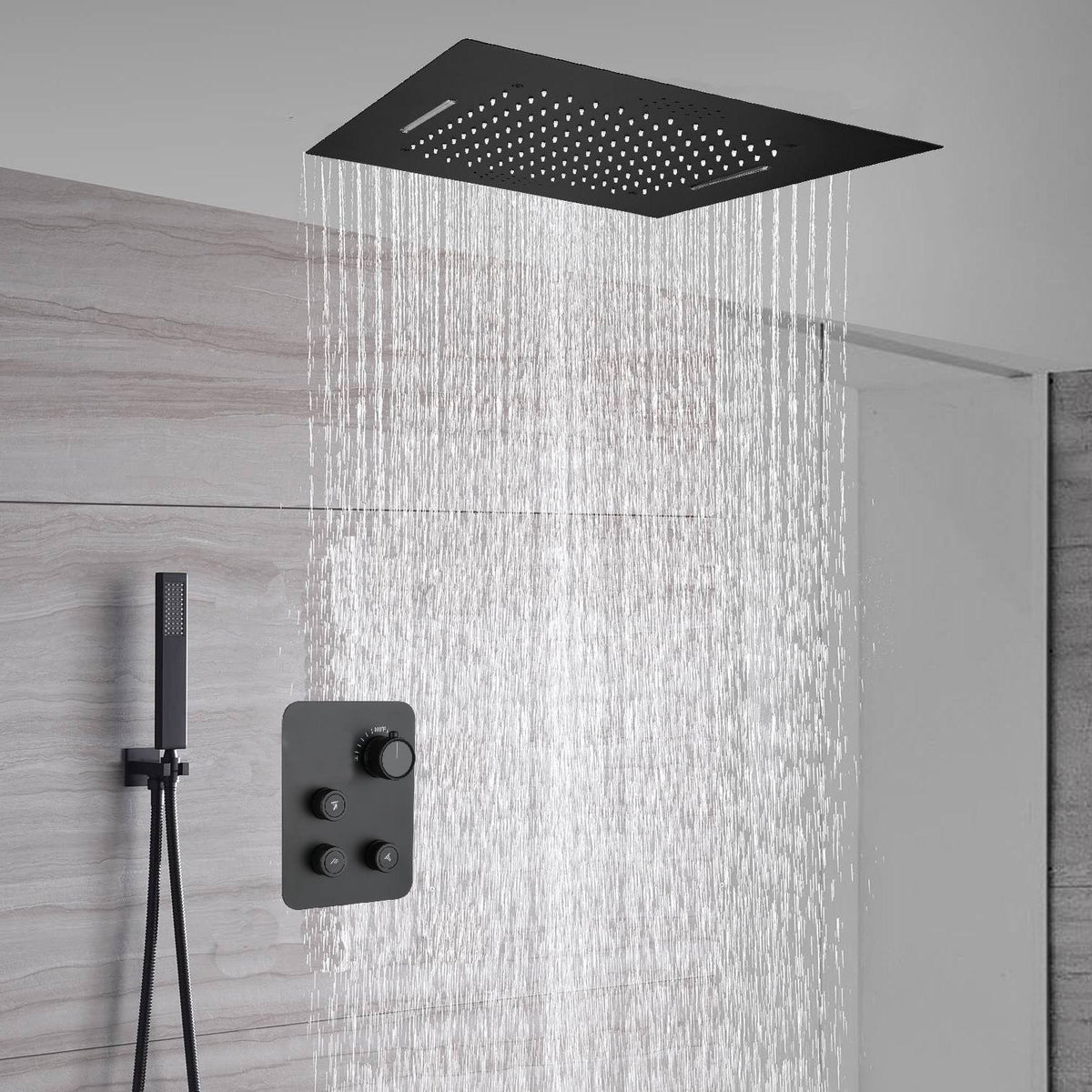 Matte Black 20'' or 24'' Ceiling or Flush Waterfall and Rainfall Digital Shower Set with Hand Shower
