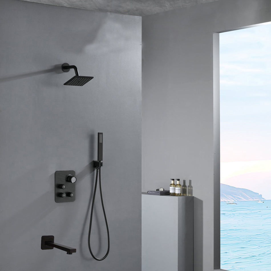 12-inch or 16-inch Wall Mount Matte Black Rain Shower Head with Thermostatic Faucet and Tub Spout - Immerse in a Blissful Shower Experience