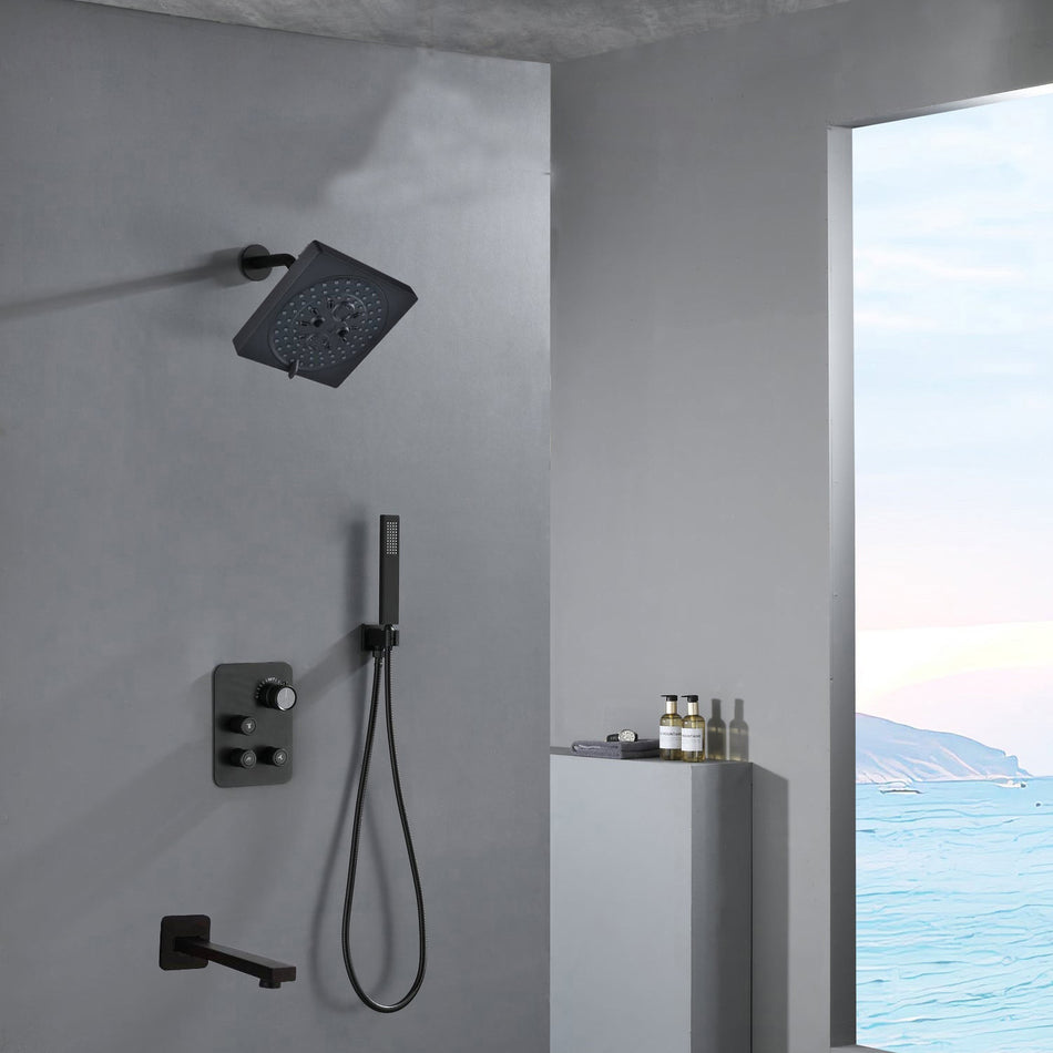 12-inch or 16-inch Wall Mount Matte Black Rain Shower Head with Thermostatic Faucet and Tub Spout - Immerse in a Blissful Shower Experience
