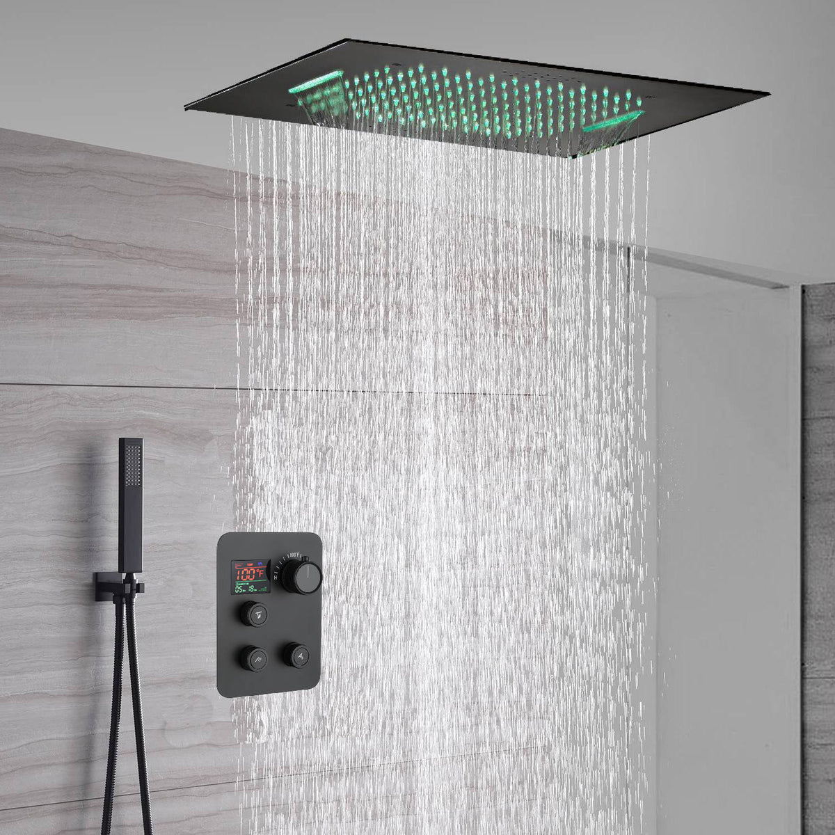 Matte Black 20'' or 24'' Ceiling or Flush Waterfall and Rainfall Digital Shower Set with Hand Shower