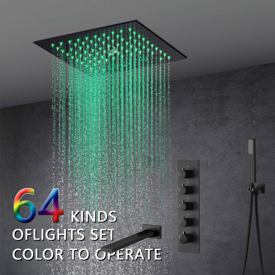 Flushed mount 12 inch  64 LED colors light Matte Black  Bluetooth Music 4 Way Thermostatic Shower Faucet with Tub Spout