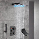 12-Inch Wall Mounted Oil Rubbed Bronze 3-Way Thermostatic Shower Faucet System:LED or Non-LED Options, Simultaneous and Independent Functions with Waterfall Tub Spout
