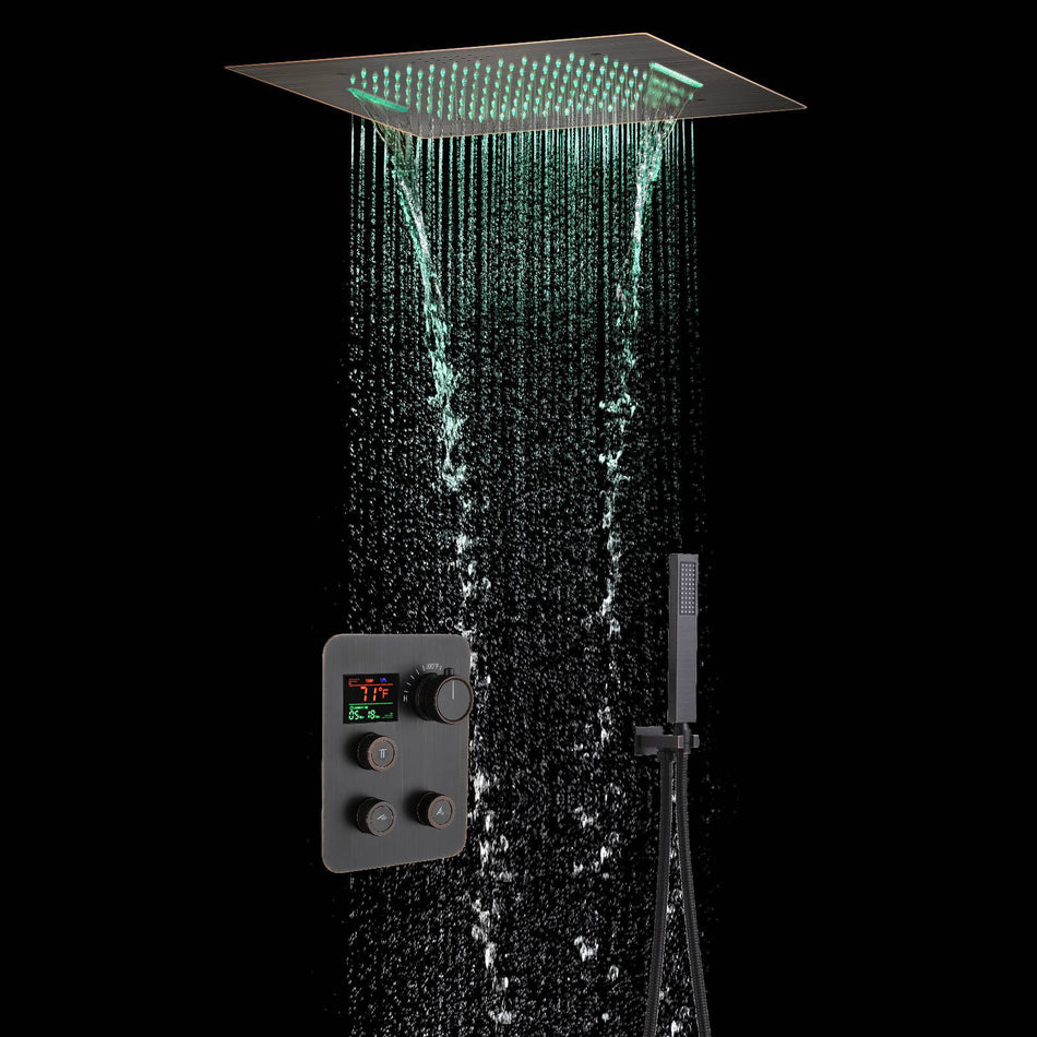 64 LED light Bluetooth Music 20-inch Rainfall Waterfall Flush Mounted Oil Rubbed Bronze 3-Way Thermostatic Shower Faucet System