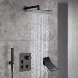 12-Inch Wall Mounted Oil Rubbed Bronze 3-Way Thermostatic Shower Faucet System:LED or Non-LED Options, Simultaneous and Independent Functions with Waterfall Tub Spout