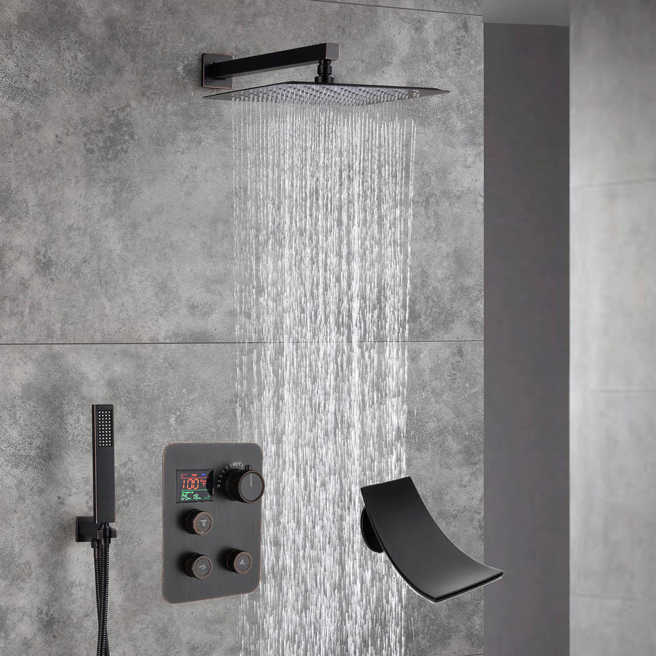 12-Inch Wall Mounted Oil Rubbed Bronze 3-Way Thermostatic Shower Faucet System:LED or Non-LED Options, Simultaneous and Independent Functions with Waterfall Tub Spout