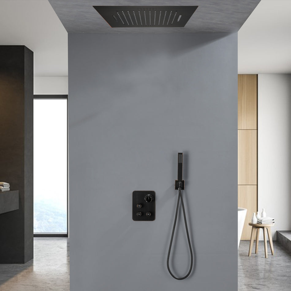 64 LED light Bluetooth Music 20-inch Rainfall Waterfall Flush Mounted Oil Rubbed Bronze 3-Way Thermostatic Shower Faucet System