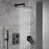 12-Inch Wall Mounted Oil Rubbed Bronze 3-Way Thermostatic Shower Faucet System:LED or Non-LED Options, Simultaneous and Independent Functions with Waterfall Tub Spout