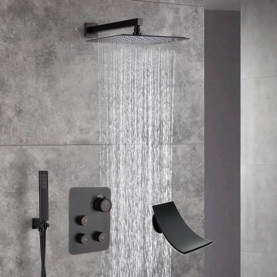 12-Inch Wall Mounted Oil Rubbed Bronze 3-Way Thermostatic Shower Faucet System:LED or Non-LED Options, Simultaneous and Independent Functions with Waterfall Tub Spout