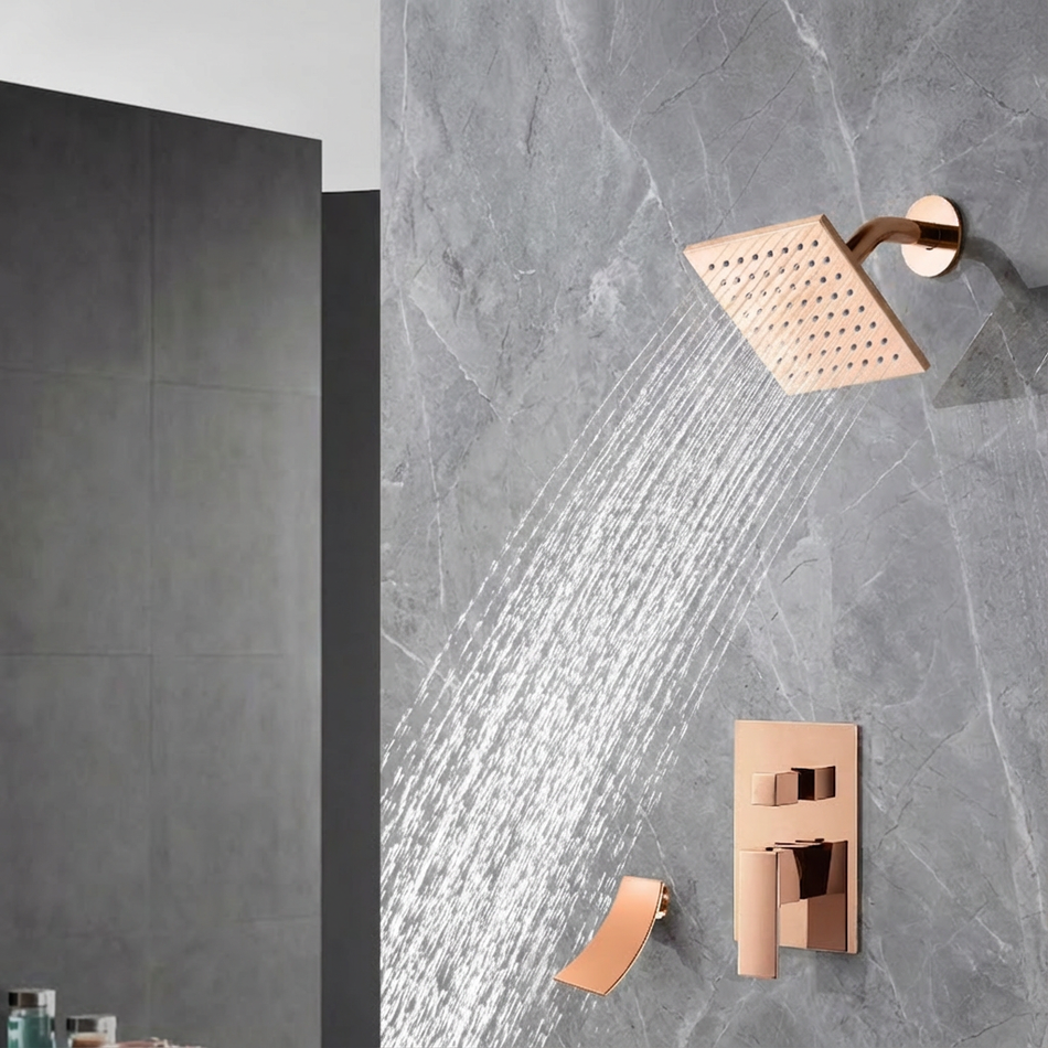 High Water Pressure 6-Inch Regular Head Rose Gold Wall Mounted Two Way Pressure Balance Shower System with Tub Spout