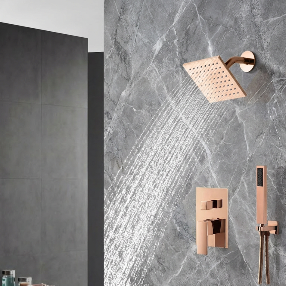 High Water Pressure 6-Inch Regular Head Rose Gold Wall Mounted Two-Way Pressure Balance Shower System with Rough-in Valve Body and Trim, Including Handle Shower