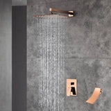 12-Inch Rose Gold Wall Mounted Two-Way Pressure Balance Shower System with Waterfall Tub Spout