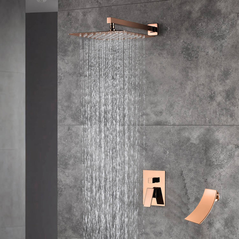 12-Inch Rose Gold Wall Mounted Two-Way Pressure Balance Shower System with Waterfall Tub Spout